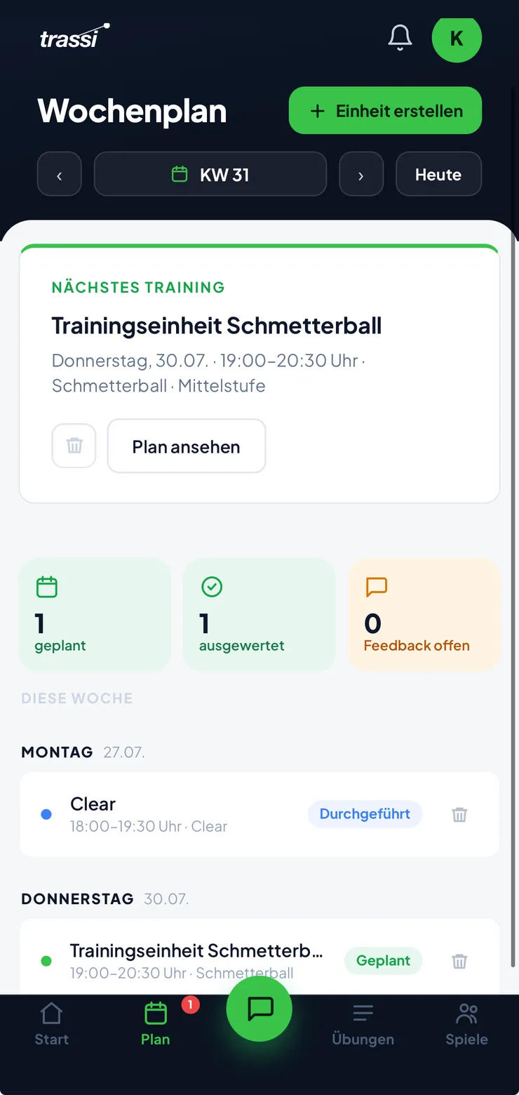 Wochenplan in der trassi App: nächstes Training, Wochenstatistik und geplante Einheiten
