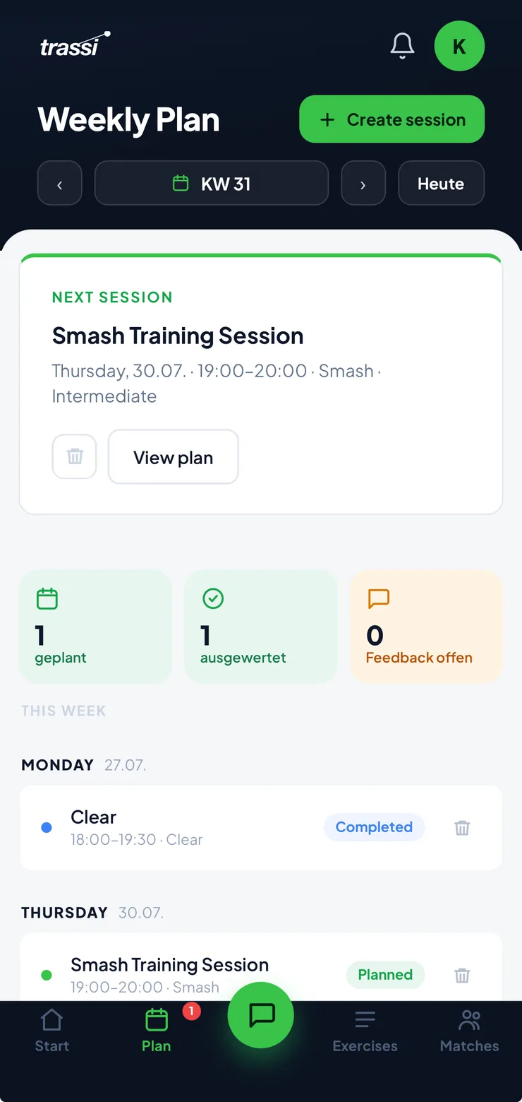 Weekly plan in the trassi app: next session, weekly stats and scheduled sessions